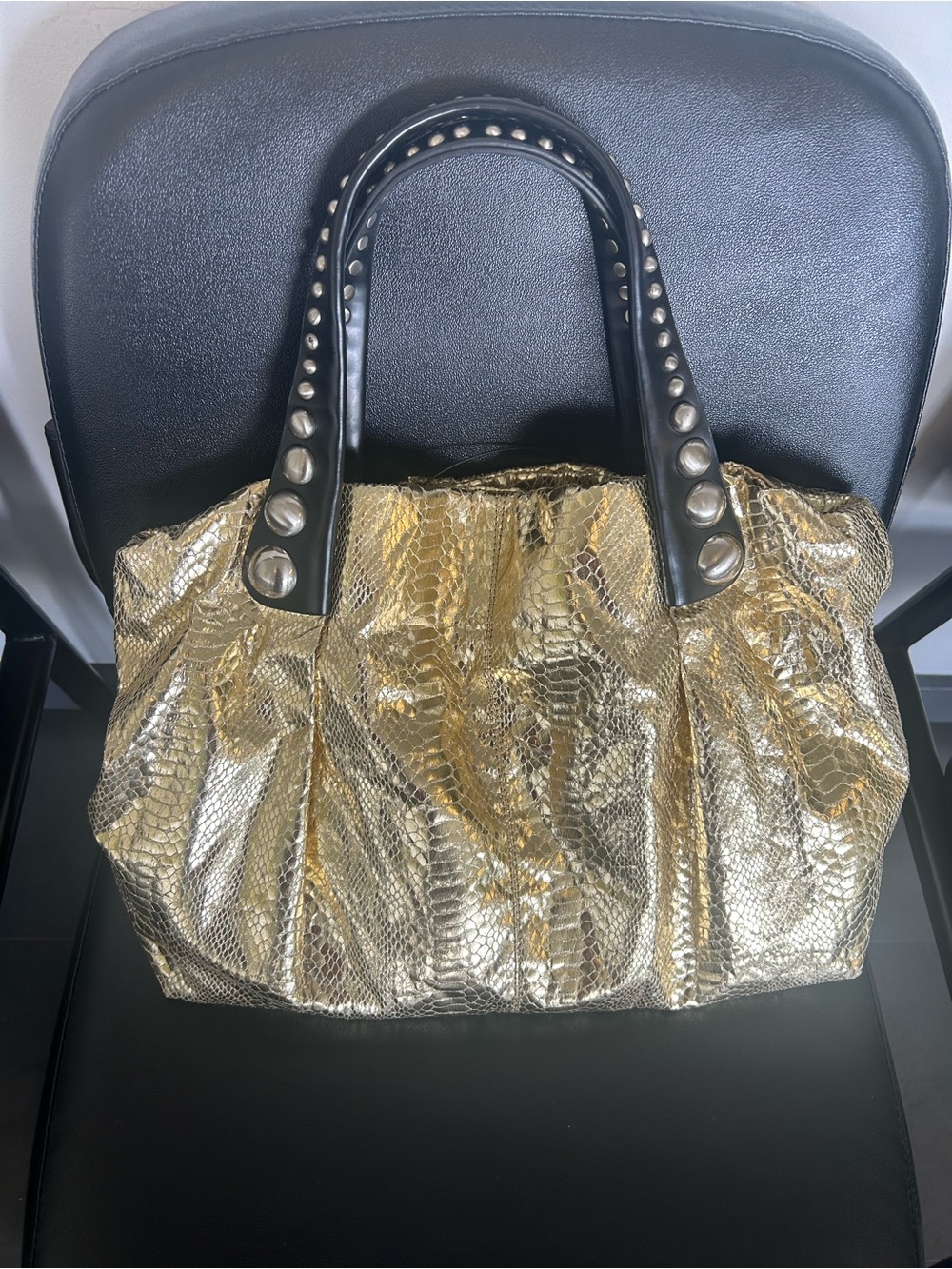 Kate Landry Gold Metallic Snake-Texture Tote with Black Stud Handles